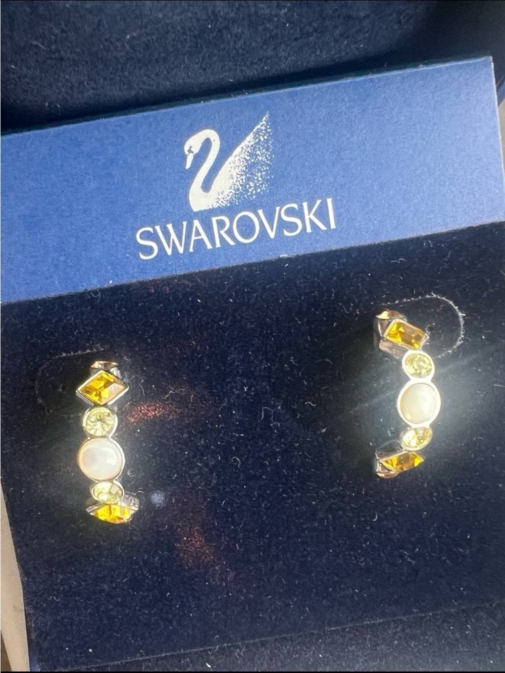 Swarovski vintage opal topaz and olive green crystal semi hoop rhodium earrjngs